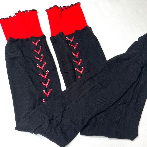 Red Corset Thigh Highs Black Lace Up Leg Warmers Over the Knee Socks Leggings OS - Picture 13 of 13